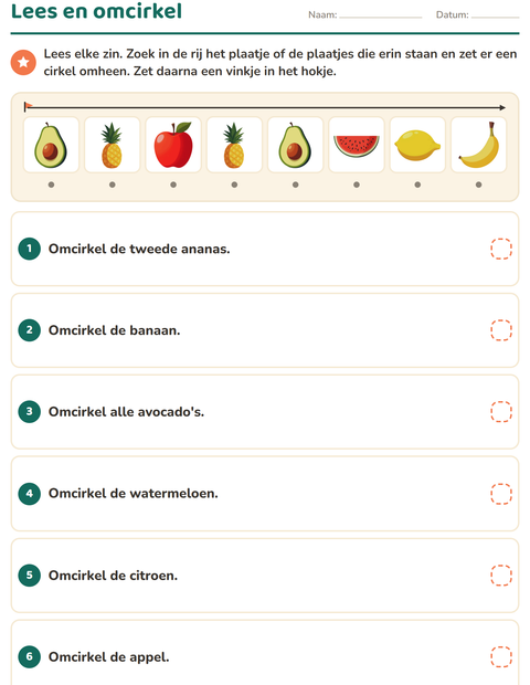 Voorbeeld van het Lees en doe-werkblad met Fruit voor groep 3