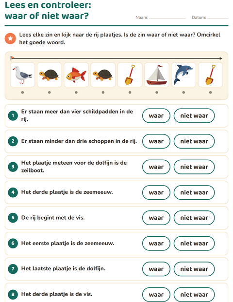 Voorbeeld van het Lees en doe-werkblad met Strand voor groep 3