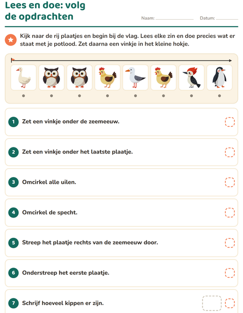 Voorbeeld van het Lees en doe-werkblad met Vogels 2 voor groep 3