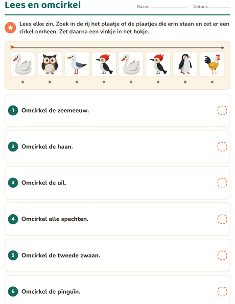 Voorbeeld van het Lees en doe-werkblad met Vogels 2 voor groep 3