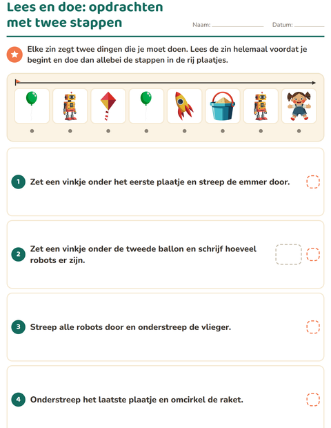 Voorbeeld van het Lees en doe-werkblad met Speelgoed voor groep 3