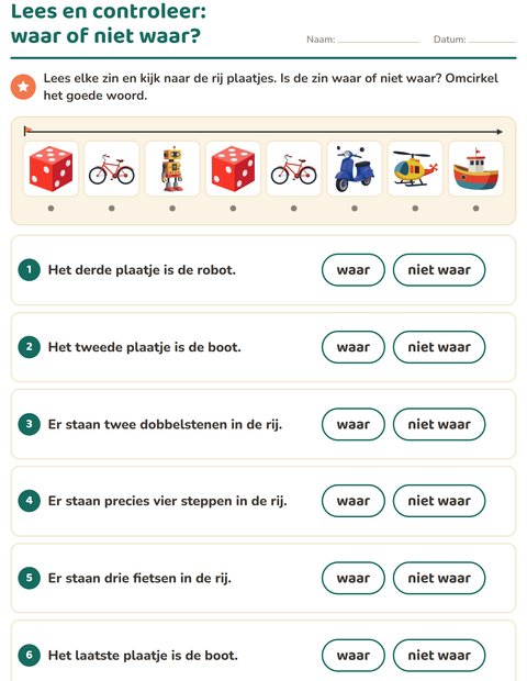 Lees en controleer: waar of niet waar over de rij plaatjes?
