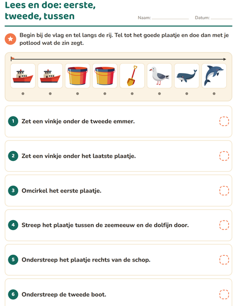 Voorbeeld van het Lees en doe-werkblad met Strand voor groep 3