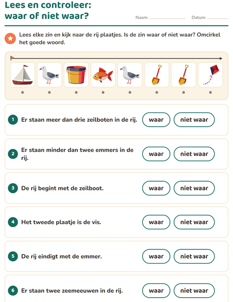 Voorbeeld van het Lees en doe-werkblad met Strand voor groep 3
