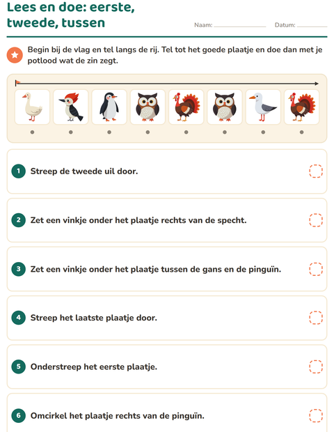 Voorbeeld van het Lees en doe-werkblad met Vogels 2 voor groep 3