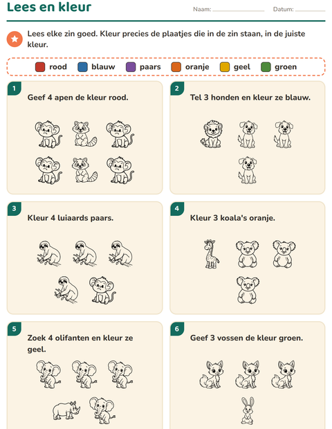 Voorbeeld van het Lees en kleur-werkblad met Dieren ZW 2 voor groep 3