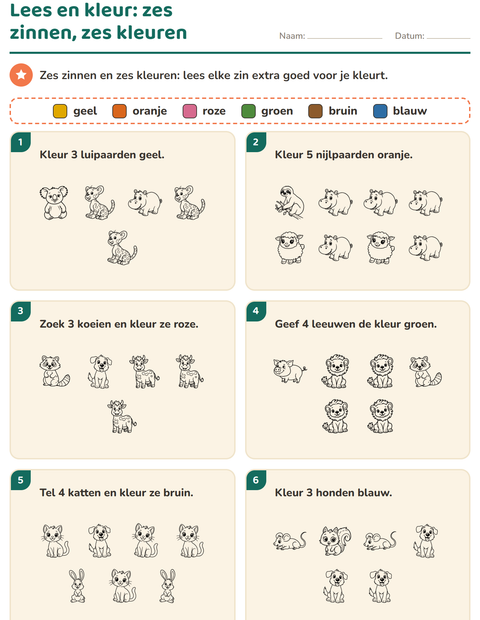 Voorbeeld van het Lees en kleur-werkblad met Dieren ZW 2 voor groep 3