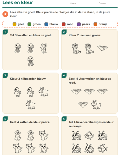 Voorbeeld van het Lees en kleur-werkblad met Dieren ZW 3 voor groep 3