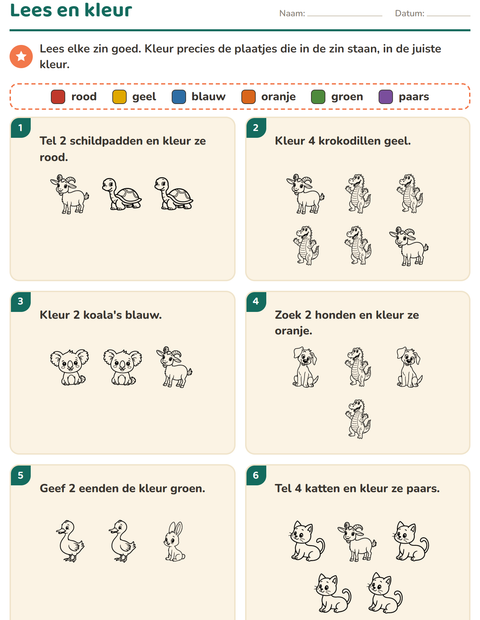 Voorbeeld van het Lees en kleur-werkblad met Dieren ZW 4 voor groep 3