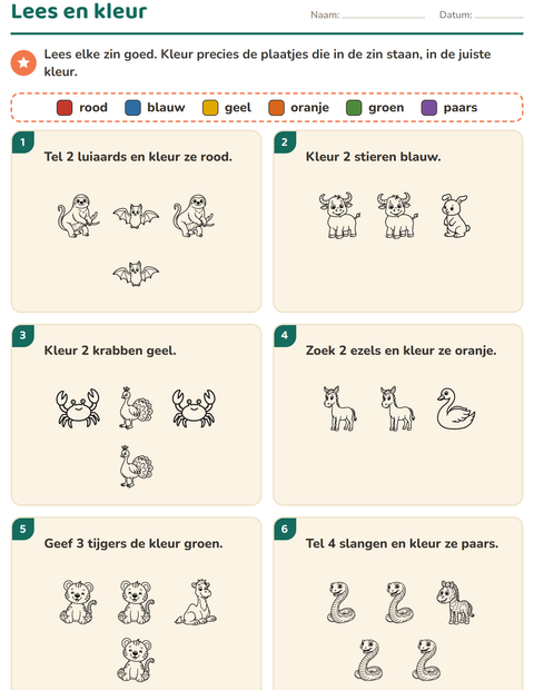Voorbeeld van het Lees en kleur-werkblad met Dieren ZW 5 voor groep 3