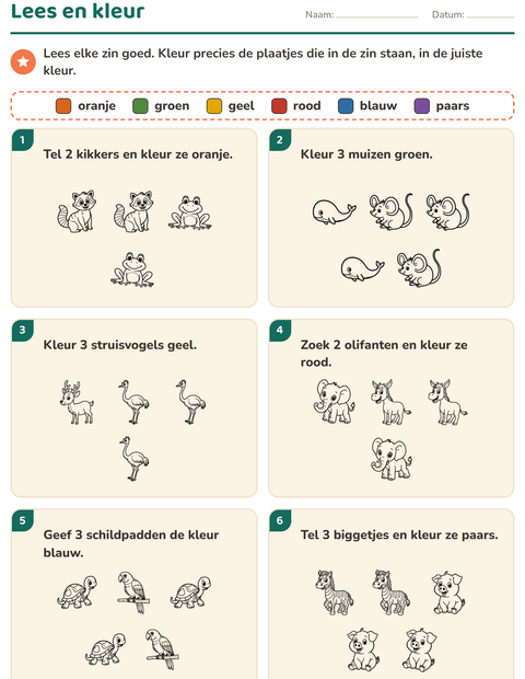 Voorbeeld van het Lees en kleur-werkblad met Dieren ZW voor groep 3