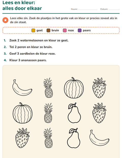Voorbeeld van het Lees en kleur-werkblad met Fruit ZW voor groep 3