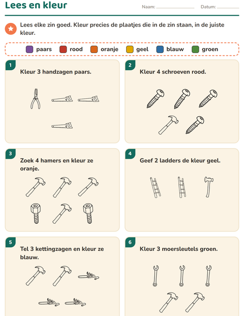 Voorbeeld van het Lees en kleur-werkblad met Gereedschap ZW voor groep 3