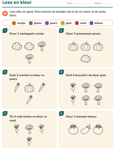 Voorbeeld van het Lees en kleur-werkblad met Groenten ZW voor groep 3