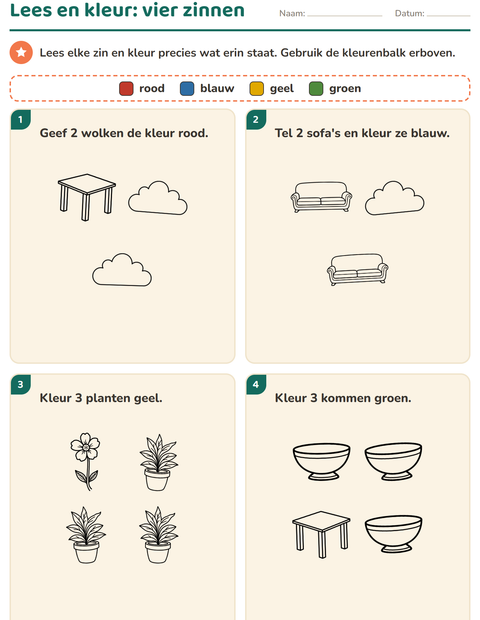 Voorbeeld van het Lees en kleur-werkblad met Huis en Natuur ZW voor groep 3