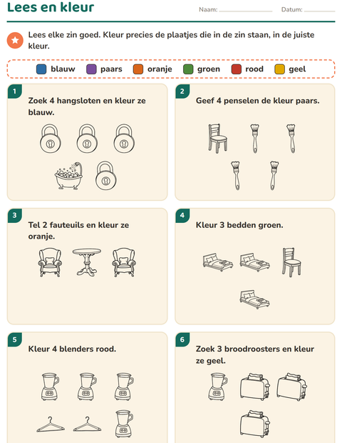 Voorbeeld van het Lees en kleur-werkblad met Huis ZW 2 voor groep 3
