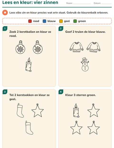 Voorbeeld van het Lees en kleur-werkblad met Kerstmis Z/W voor groep 3