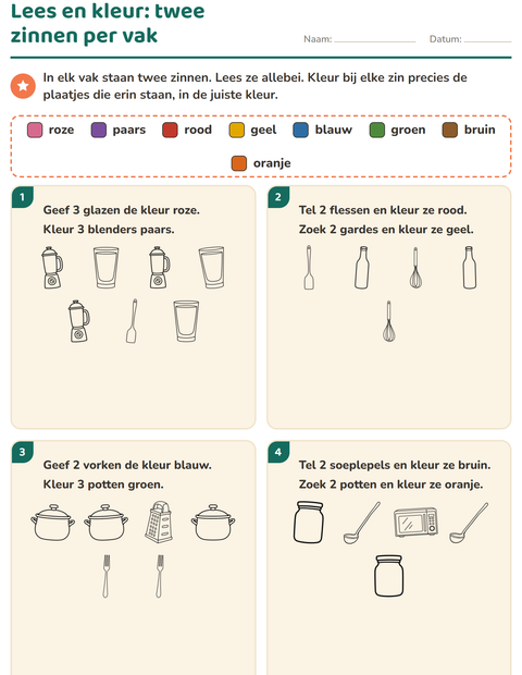 Voorbeeld van het Lees en kleur-werkblad met Keuken ZW voor groep 3