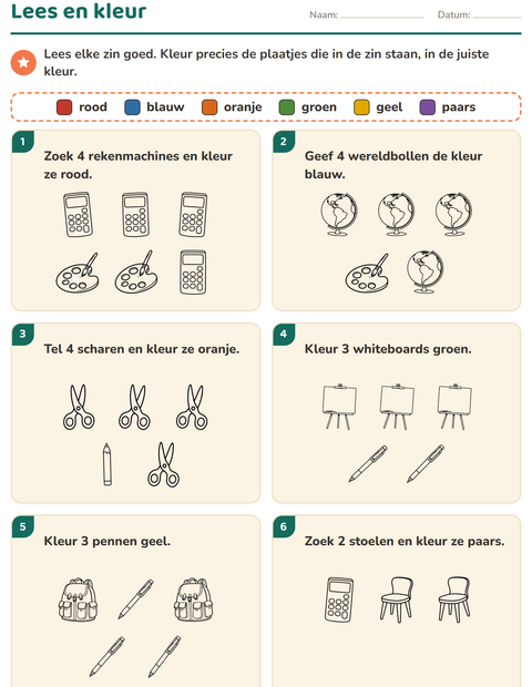 Voorbeeld van het Lees en kleur-werkblad met Klaslokaal 2 (Z/W) voor groep 3