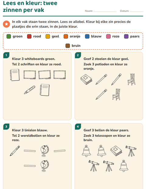 Voorbeeld van het Lees en kleur-werkblad met Klaslokaal (Z/W) voor groep 3