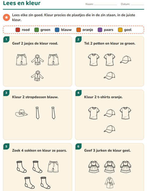 Voorbeeld van het Lees en kleur-werkblad met Kleding ZW voor groep 3