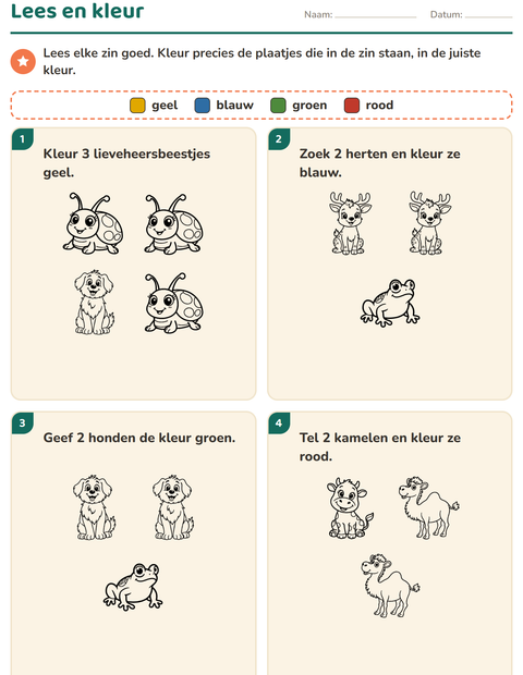 Voorbeeld van het Lees en kleur-werkblad met Dieren ZW 3 voor groep 3