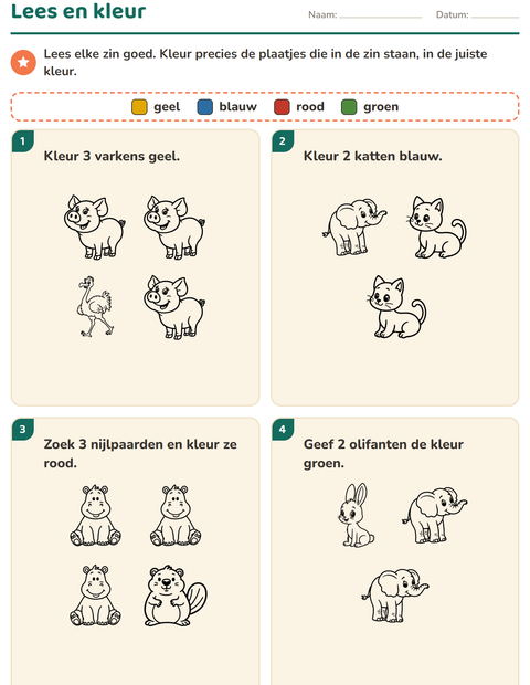Voorbeeld van het Lees en kleur-werkblad met Dieren ZW 4 voor groep 3