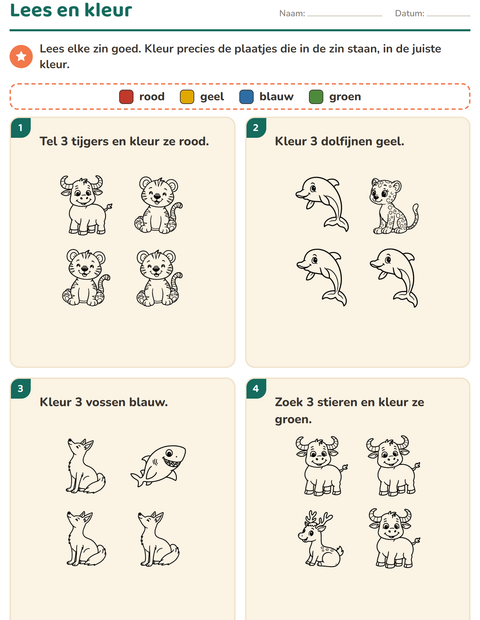 Voorbeeld van het Lees en kleur-werkblad met Dieren ZW 5 voor groep 3