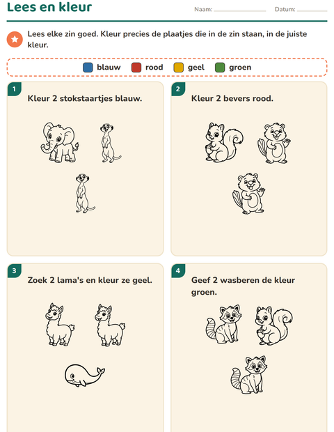 Voorbeeld van het Lees en kleur-werkblad met Dieren ZW voor groep 3