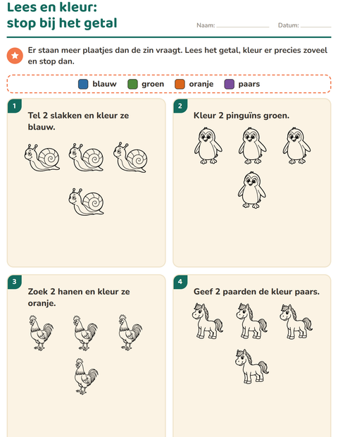 Voorbeeld van het Lees en kleur-werkblad met Dieren ZW voor groep 3