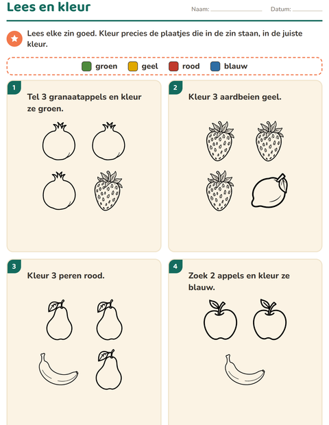 Voorbeeld van het Lees en kleur-werkblad met Fruit ZW voor groep 3
