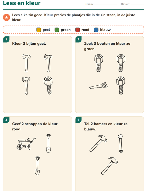 Voorbeeld van het Lees en kleur-werkblad met Gereedschap ZW voor groep 3
