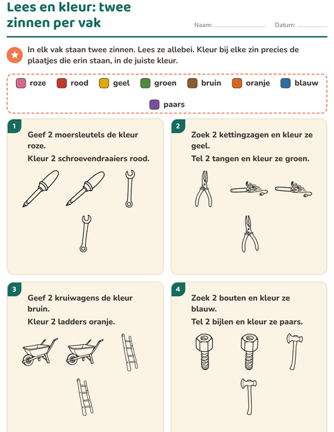 Voorbeeld van het Lees en kleur-werkblad met Gereedschap ZW voor groep 3