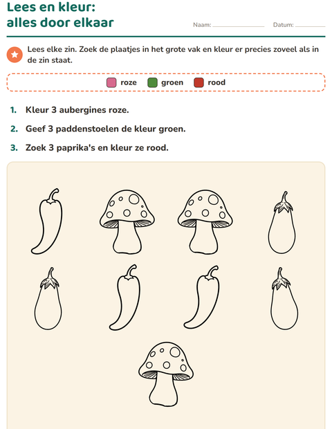 Voorbeeld van het Lees en kleur-werkblad met Groenten ZW 2 voor groep 3