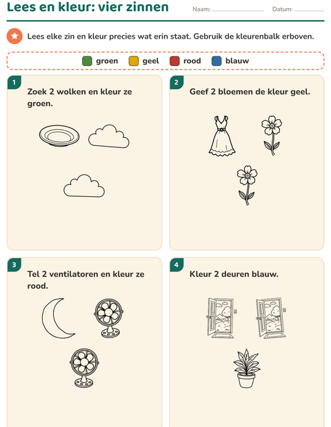 Voorbeeld van het Lees en kleur-werkblad met Huis en Natuur ZW voor groep 3
