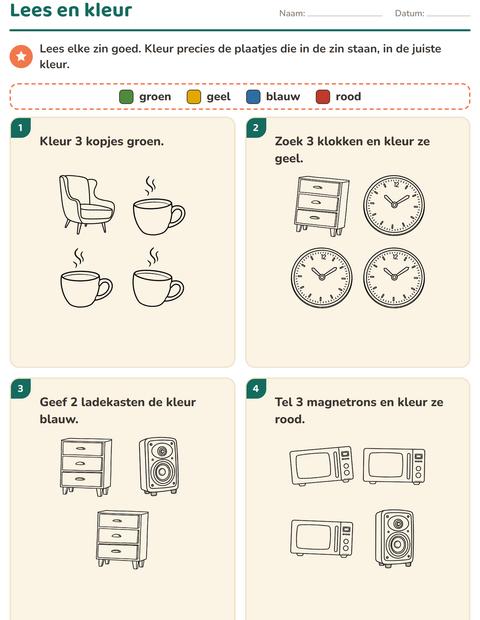 Voorbeeld van het Lees en kleur-werkblad met Huis ZW voor groep 3