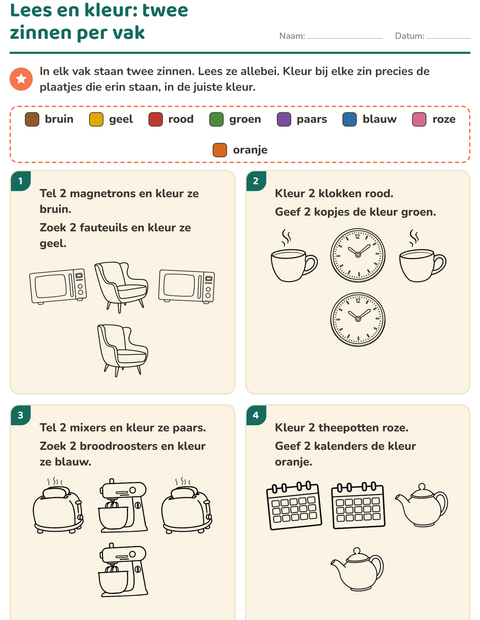 Voorbeeld van het Lees en kleur-werkblad met Huis ZW voor groep 3