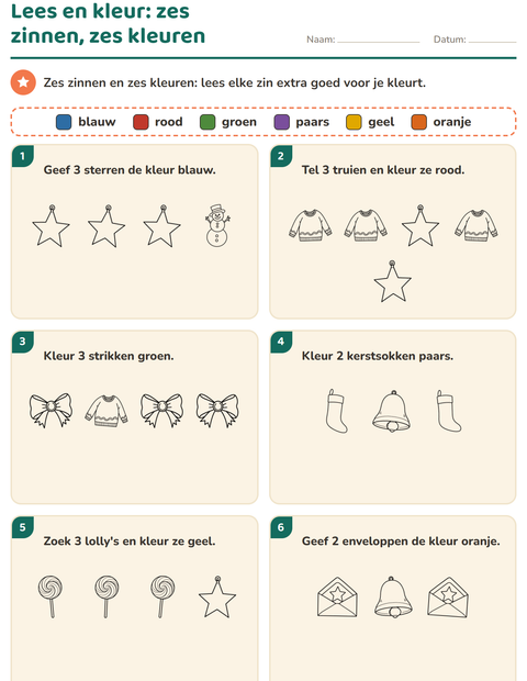 Voorbeeld van het Lees en kleur-werkblad met Kerstmis Z/W voor groep 3