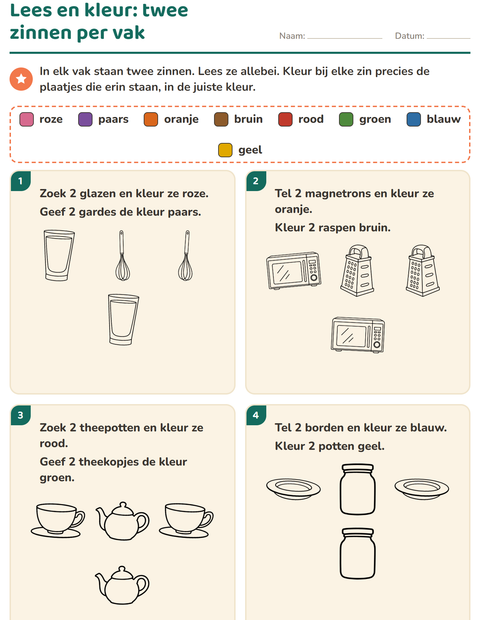 Voorbeeld van het Lees en kleur-werkblad met Keuken ZW voor groep 3