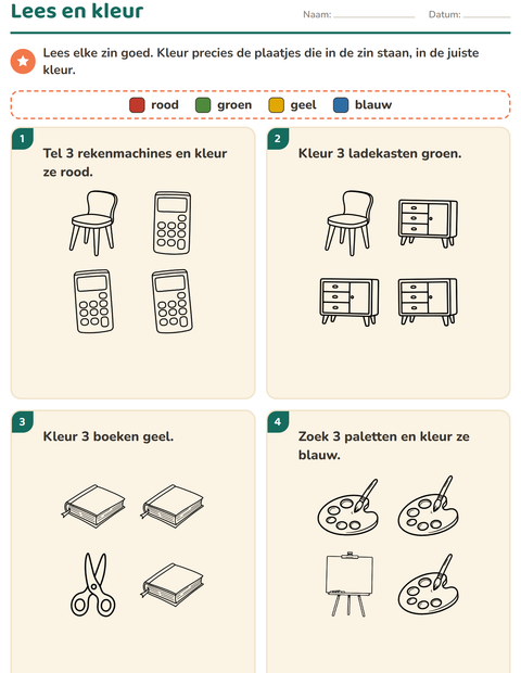 Voorbeeld van het Lees en kleur-werkblad met Klaslokaal 2 (Z/W) voor groep 3