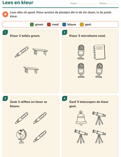 Voorbeeld van het Lees en kleur-werkblad met Klaslokaal (Z/W) voor groep 3
