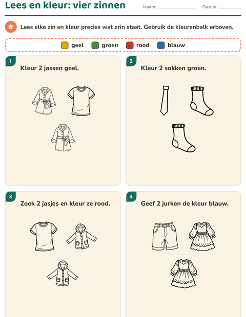 Voorbeeld van het Lees en kleur-werkblad met Kleding ZW voor groep 3