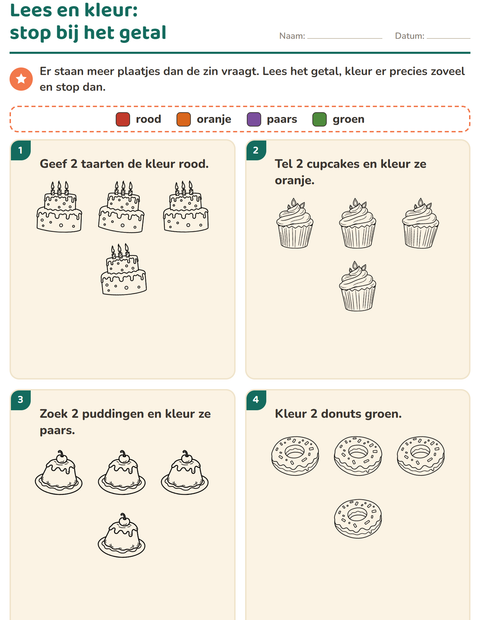 Voorbeeld van het Lees en kleur-werkblad met Nagerecht (Z/W) voor groep 3