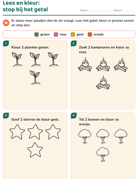 Voorbeeld van het Lees en kleur-werkblad met Natuur ZW voor groep 3