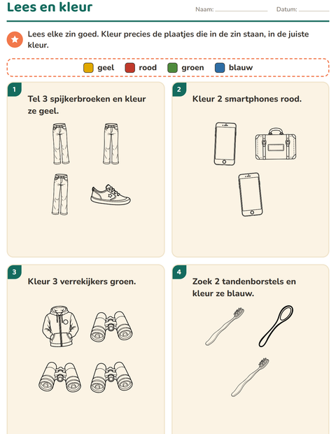 Voorbeeld van het Lees en kleur-werkblad met Objecten ZW voor groep 3
