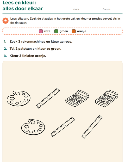 Voorbeeld van het Lees en kleur-werkblad met Onderwijs ZW voor groep 3