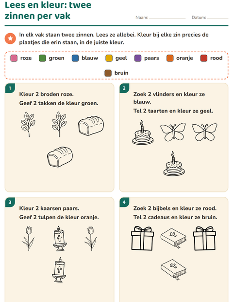 Voorbeeld van het Lees en kleur-werkblad met Pasen ZW voor groep 3