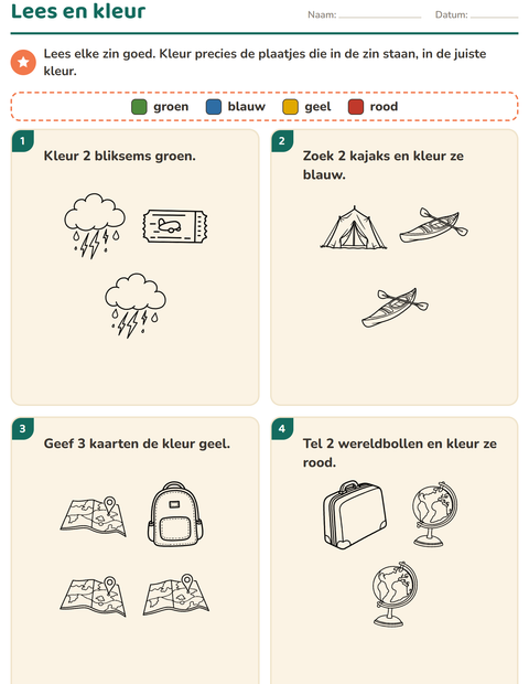 Voorbeeld van het Lees en kleur-werkblad met Reizen en Vakantie ZW voor groep 3