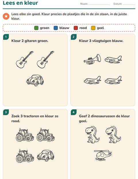 Voorbeeld van het Lees en kleur-werkblad met Speelgoed ZW voor groep 3