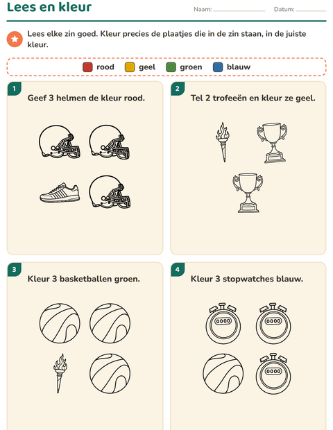 Voorbeeld van het Lees en kleur-werkblad met Sport ZW 2 voor groep 3
